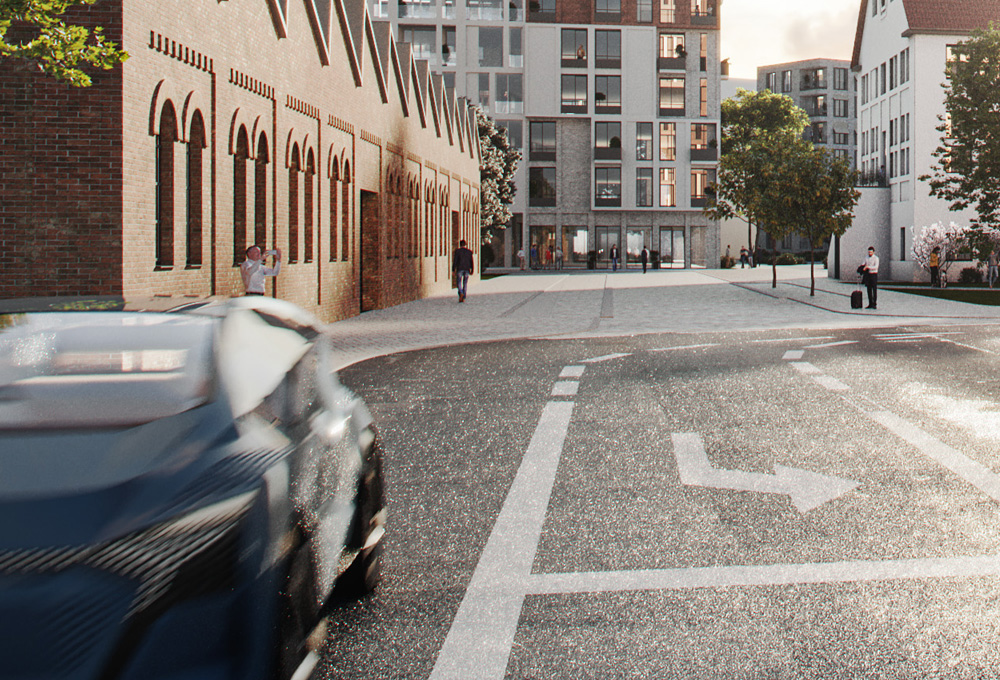 Visualisierung der Verkehrsführung vor der Sheddachhalle